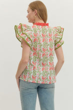 Load image into Gallery viewer, Coral/Green Printed Flutter Slv Top