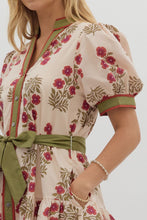 Load image into Gallery viewer, Ecru/Green Printed Tie Frnt Puff Slv Dress