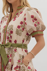 Ecru/Green Printed Tie Frnt Puff Slv Dress