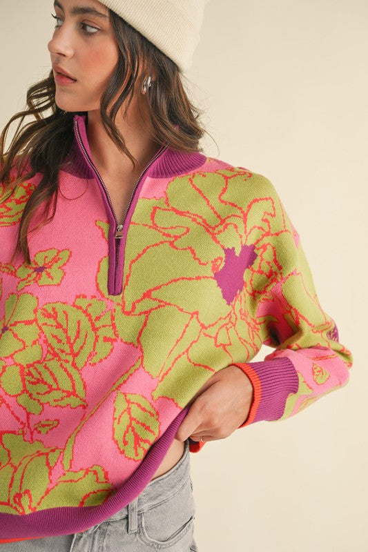 Floral Fuschia Half Zip Knit Pullover Sweater