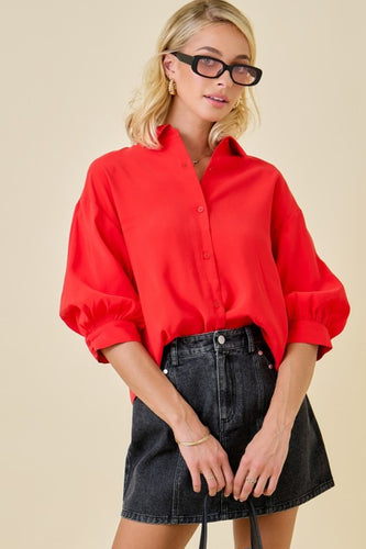 Button Down Collared 3/4 Puff Slv Top Candy Red
