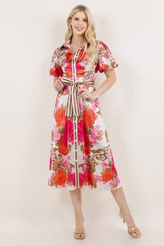Pink Floral Print Button Down Midi Dress