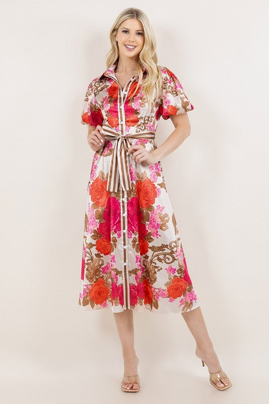 Pink Floral Print Button Down Midi Dress