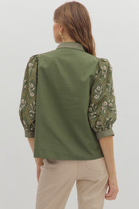 Olive Embroidered Slv V-Neck Top