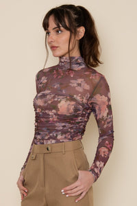 Burgundy Floral Shirring Mock Neck Bodysuit