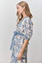 Load image into Gallery viewer, Blue Paisley Printed V-Neck Tie Frnt Peplum Top