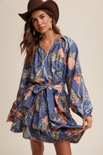 Load image into Gallery viewer, Blue Floral Print V-Neck Tiered Skirt Dress