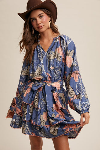 Blue Floral Print V-Neck Tiered Skirt Dress