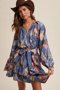 Blue Floral Print V-Neck Tiered Skirt Dress
