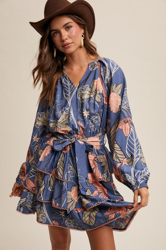 Blue Floral Print V-Neck Tiered Skirt Dress