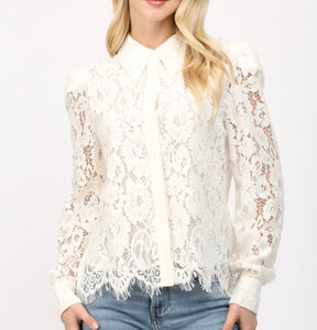 Cream Lace Scallop Edge LS Button Down