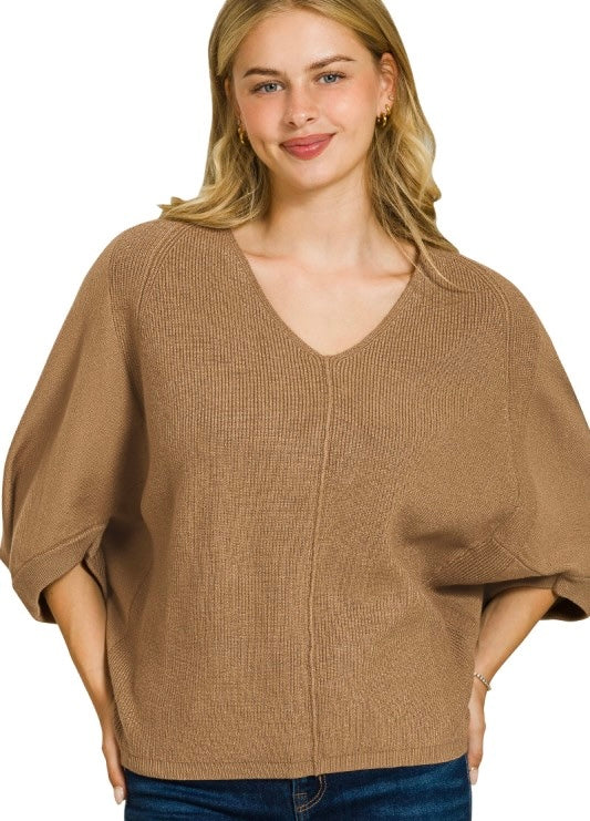 Deep Camel Viscose V-Neck Dolman Sweater