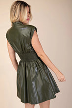 Load image into Gallery viewer, Olive Leather V-Neck Smocked Waist Dress