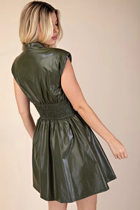 Olive Leather V-Neck Smocked Waist Dress