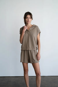 Mocha Relaxed Collared SS Sweatshirt/Short Set