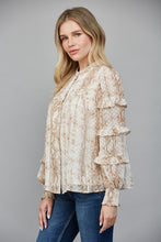 Load image into Gallery viewer, Cream/Taupe Snake Print Ruffle Slv Blouse