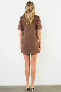 Dark Brown SS Collared Suede Dress (THML)