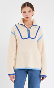 Blue Multi Contrast Piping Quarter-Zip Sweater