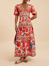 Load image into Gallery viewer, Red Resort Tropical Print V-Neck Puff Slv Maxi Dress