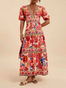 Red Resort Tropical Print V-Neck Puff Slv Maxi Dress
