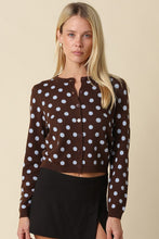 Load image into Gallery viewer, Coffee/Blue Polka Dot Sweater Cardigan