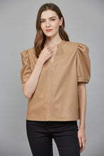 Load image into Gallery viewer, Latte Leather Split Neck Puff Slv Top