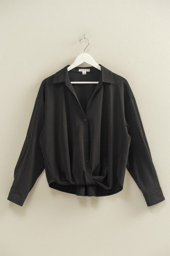 Black LS V-Neck Button Down Blouse