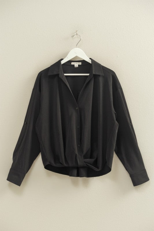 Black LS V-Neck Button Down Blouse