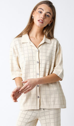 Natural Checkered Knitted SS Button Down Top