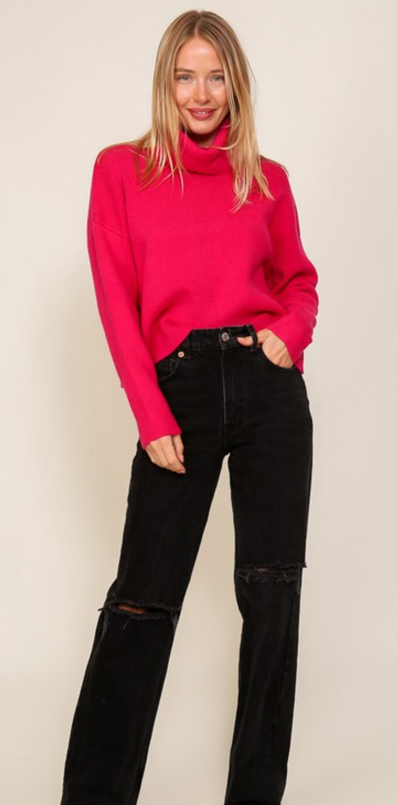 Magenta Turtleneck Knit Sweater