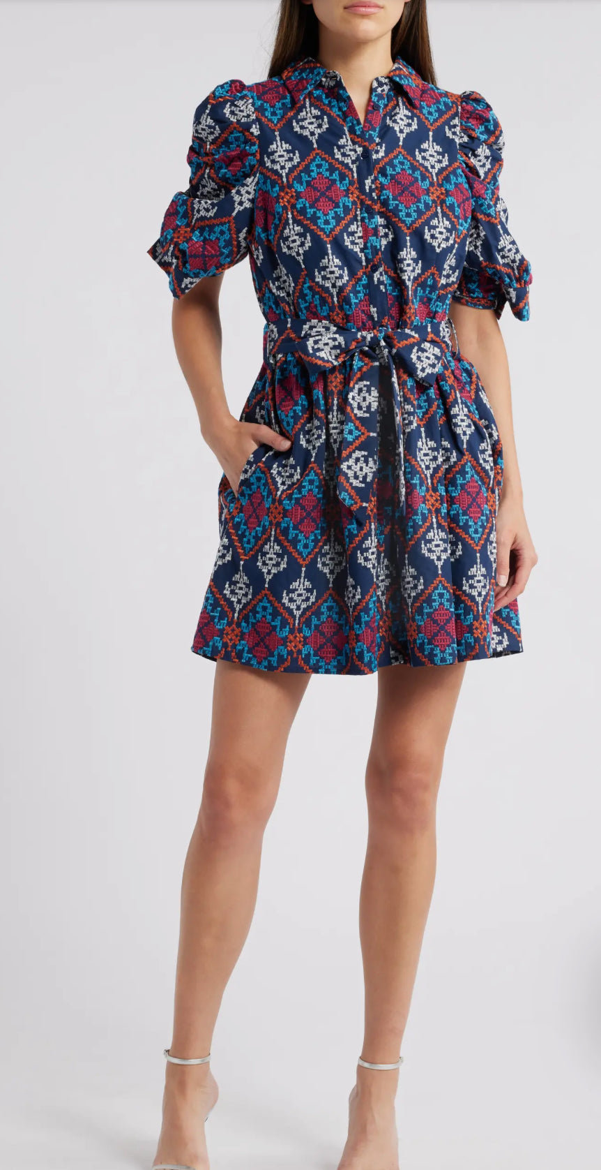 Navy Multi Puff Slv Embroidered Shirt Dress