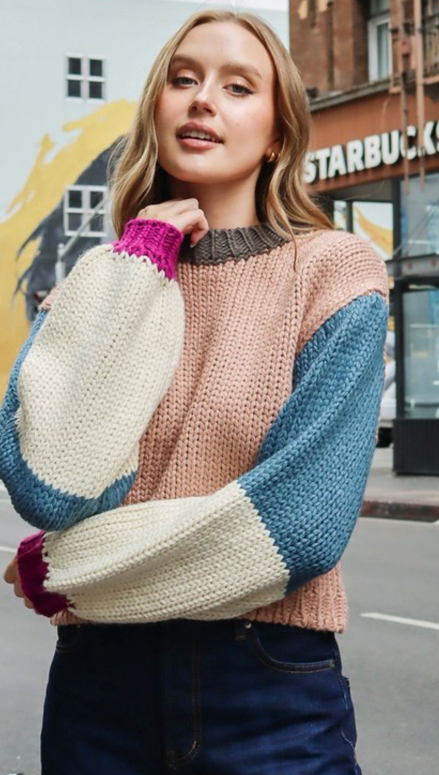 Taupe Combo Cropped Colorblock Sweater