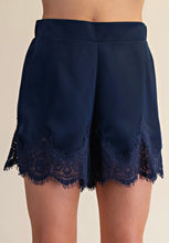Load image into Gallery viewer, Navy Satin Lace Detail Shorts