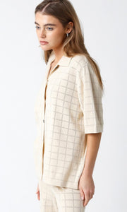 Natural Checkered Knitted SS Button Down Top