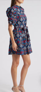 Navy Multi Puff Slv Embroidered Shirt Dress