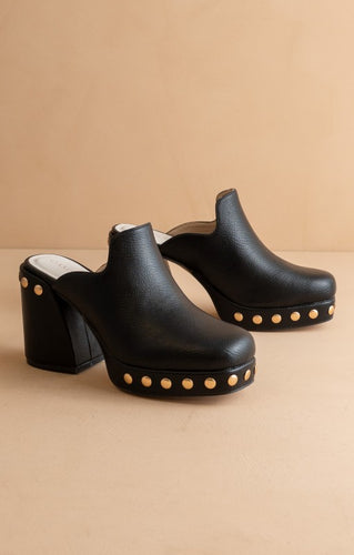 Black Leather Studded Clogs