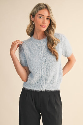 Baby Blue Fuzzy Pearl Button Sweater