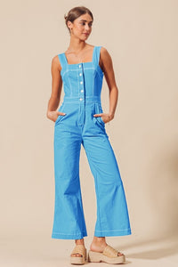 Blue Square Neck Button Jumpsuit