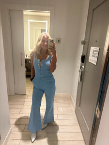 Blue Square Neck Button Jumpsuit