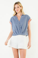 Load image into Gallery viewer, Navy Striped Trim Detail V-Neck Top THML