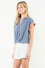 Load image into Gallery viewer, Navy Striped Trim Detail V-Neck Top THML