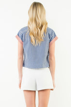Load image into Gallery viewer, Navy Striped Trim Detail V-Neck Top THML