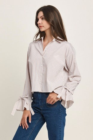 Bow Cuff Stripe Button Down Blouse