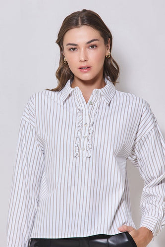 Taupe Stripe Front Ruffle Top