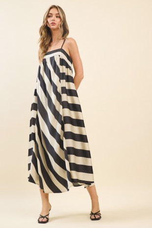Cream and Black Stripe Spaghetti Strap Dress