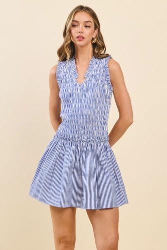 Blue & White Stripe Smocked Mini Dress