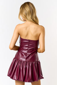 Burgundy Bow Sweatheart Pleather Bubble Dress