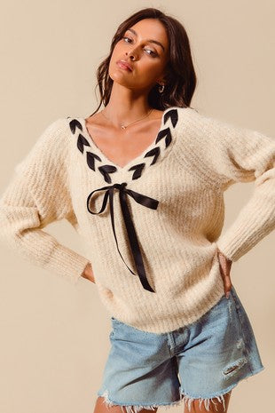 Oatmeal Ribbon V-neck Sweater