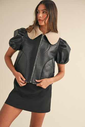 Black Shearling Collar Faux Leather Jacket