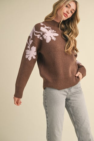 Floral Mocha and Pink Mock Sweater